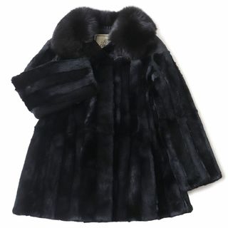 極美品☆fur canada 衿フォックス×ラビットファー デザイン ストライプ柄 本毛皮コート ブラック 11号 毛質艶やか・柔らか◎(毛皮/ファーコート)