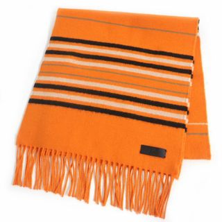 エルメス(Hermes)の未使用品□HERMES/エルメス ストライプ柄 ロゴレザーパッチ カシミヤ100％ フリンジマフラー/ショール オレンジ イギリス製 正規品 メンズ(マフラー)