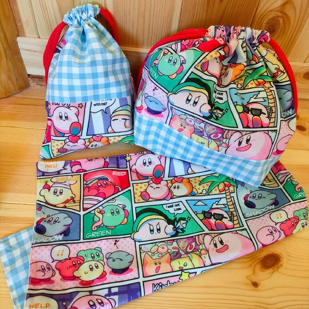 ぽっとん様専用✡星のカービィ☆通園通学グッズ☆お弁当袋コップ袋ランチョンマット キッズ/ベビー/マタニティのこども用バッグ(ランチボックス巾着)の商品写真