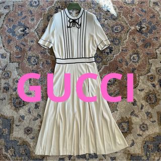 グッチ(Gucci)の美品GUCCI✳︎ワンピース　リボン　白×黒　入学式　食事会　お花見　M(ロングワンピース/マキシワンピース)