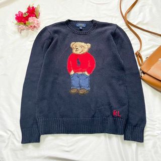 ポロラルフローレン(POLO RALPH LAUREN)の美品 ポロラルフローレン 長袖ニット ポロベア ロゴ刺繍 ネイビー L(ニット/セーター)