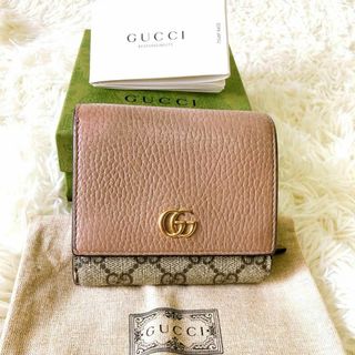 グッチ(Gucci)の現行　グッチ　折財布　レザー×PVC マーモント　GGスプリーム　ピンクベージュ(財布)