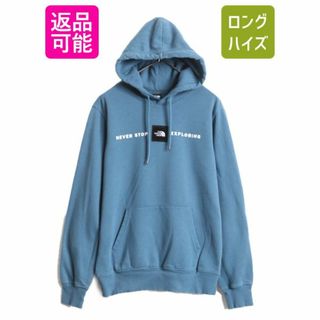 ザノースフェイス(THE NORTH FACE)のUS企画 ノースフェイス プリント スウェット フード パーカー メンズ S 古着 The North Face ボックスロゴ サガラ ワッペン トレーナー 青(パーカー)