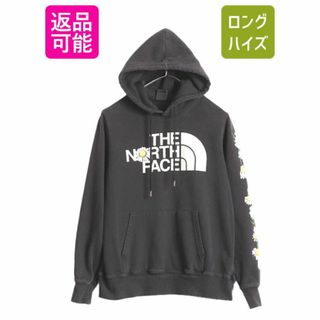 ザノースフェイス(THE NORTH FACE)のノースフェイス プリント スウェット フード パーカー レディース S / 古着 The North Face プルオーバー 裏起毛 アウトドア 袖プリント 黒(パーカー)