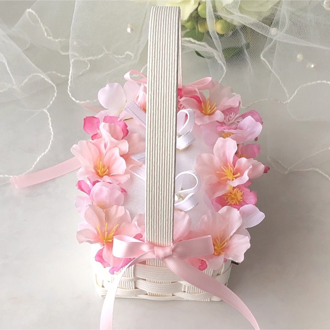 No.43／濃いピンクの桜♡さくら♡春婚♡春の挙式にぴったりなリングピロー かご ハンドメイドのウェディング(リングピロー)の商品写真