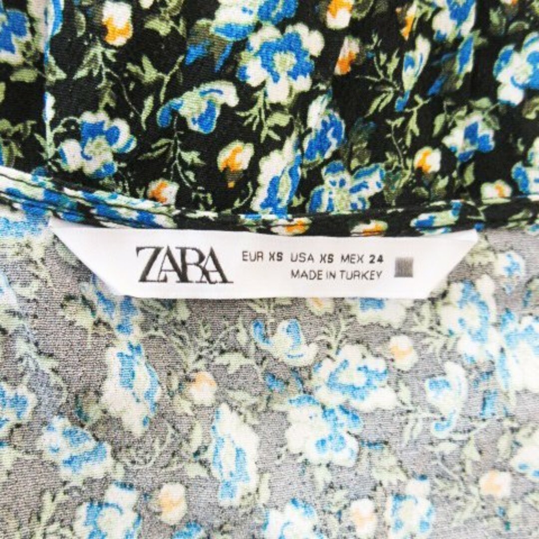 ZARA(ザラ)のザラ ワンピース ロング Vネック 七分袖 フリル リボン 花柄 XS 黒 レディースのワンピース(ロングワンピース/マキシワンピース)の商品写真