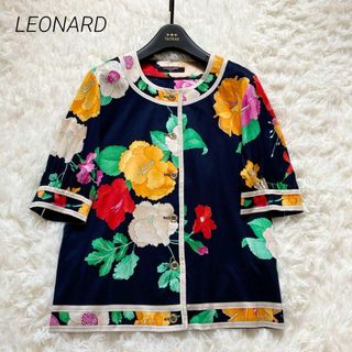 レオナール(LEONARD)の美品♡ LEONARD カーディガン　花柄　トリム　半袖　ネイビー　Lサイズ(カーディガン)