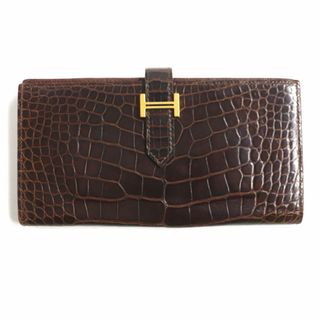 エルメス(Hermes)の良品▼HERMES エルメス ベアン スフレ ゴールドH金具 アリゲーター クロコダイルレザー 2つ折り長財布 濃茶 仏製 メンズ □M刻印 箱付き(長財布)