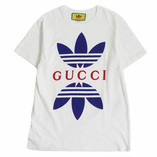 グッチ(Gucci)の美品□GUCCI×adidas グッチ アディダス 548334 トレフォイル ロゴプリント コットン クルーネック 半袖Tシャツ ホワイト XS 伊製 正規品(Tシャツ/カットソー(半袖/袖なし))