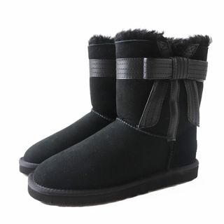 アグ(UGG)の未使用品◎UGG アグ 1003174 W CLASSIC MINI ダブル クラシック ミニ レザーリボン付き ムートンブーツ レディース ブラック USA6 箱付き(ブーツ)