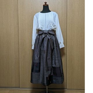 SOLD　着物リメイク　ギャザースカート　大島紬　M〜L(ひざ丈ワンピース)