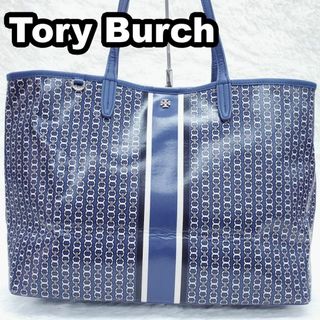 トリーバーチ(Tory Burch)のトリーバーチ    ジェミニリンク　美品　PVC　総柄　ブルー　A4可　大容量(トートバッグ)