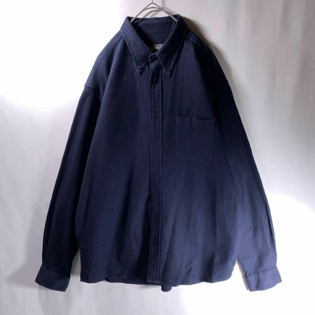 Eddie Bauer(エディーバウアー)の90s 00s 古着 Eddie Bauer 刺子織 BDシャツ 長袖 ネイビー メンズのトップス(シャツ)の商品写真