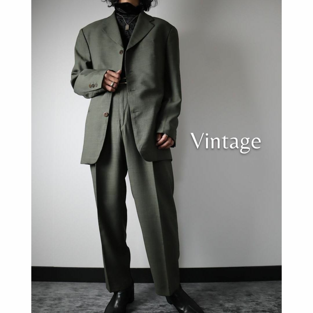 VINTAGE(ヴィンテージ)の【vintage】2ピース セットアップ テーラード×1タック ウール混 緑 メンズのスーツ(セットアップ)の商品写真