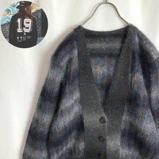 ヴィンテージ(VINTAGE)のレトロ古着 カーディガン モヘア混 ボーダー グラデーション グレー 黒色 M(カーディガン)