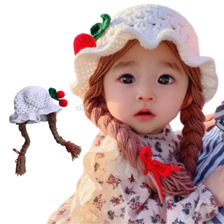 子ども用 三つ編み フレア ニット帽 可愛い なりきり コスプレ さくらんぼ付き(帽子)