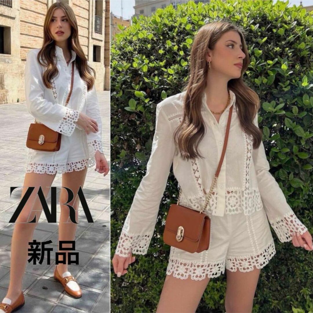 ZARA(ザラ)の【新品】ZARA ザラ　クロシェレースブラウス　M レディースのトップス(シャツ/ブラウス(長袖/七分))の商品写真