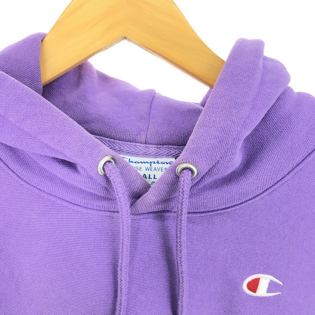 Champion(チャンピオン)の古着 チャンピオン Champion リバースウィーブ 復刻 単色タグ 袖プリント スウェットプルオーバーパーカー レディースS /eaa423948 レディースのトップス(トレーナー/スウェット)の商品写真