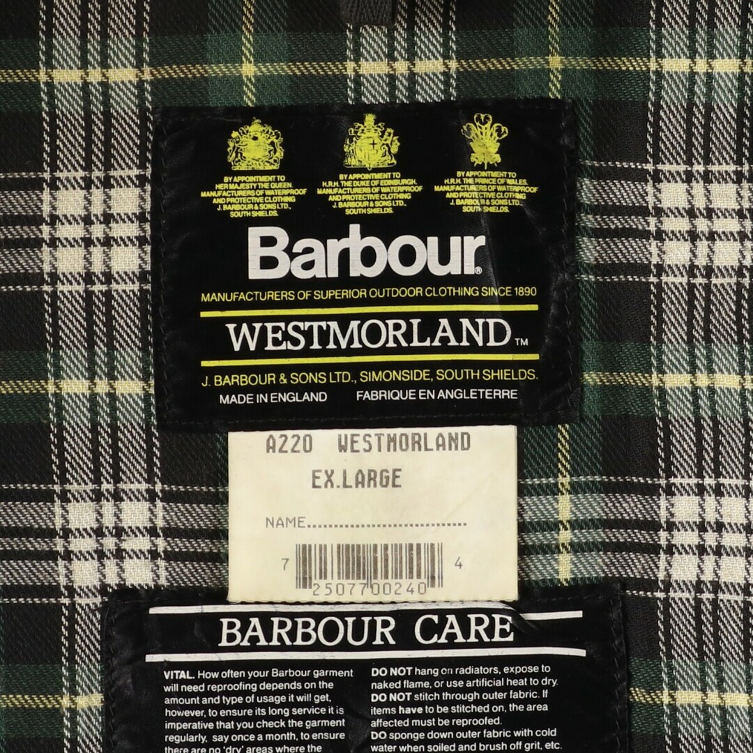 Barbour(バーブァー)の古着 90年代 バブアー Barbour WESTMORLAND 旧3ワラント ワックスコットン オイルドベスト 英国製 メンズXL ヴィンテージ /eaa420746 メンズのトップス(ベスト)の商品写真