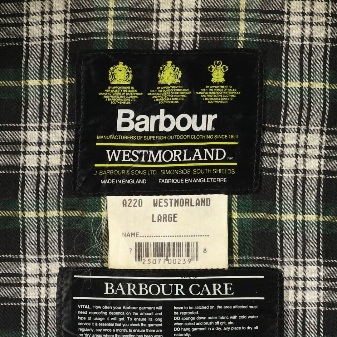 Barbour(バーブァー)の古着 90年代 バブアー Barbour WESTMORLAND 旧3ワラント ワックスコットン オイルドベスト 英国製 メンズL ヴィンテージ /eaa420751 メンズのトップス(ベスト)の商品写真