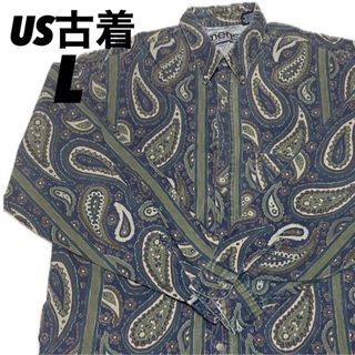 US古着　used ヴィンテージ　柄シャツ　総柄　ダークグリーン　カーキ　L (シャツ)