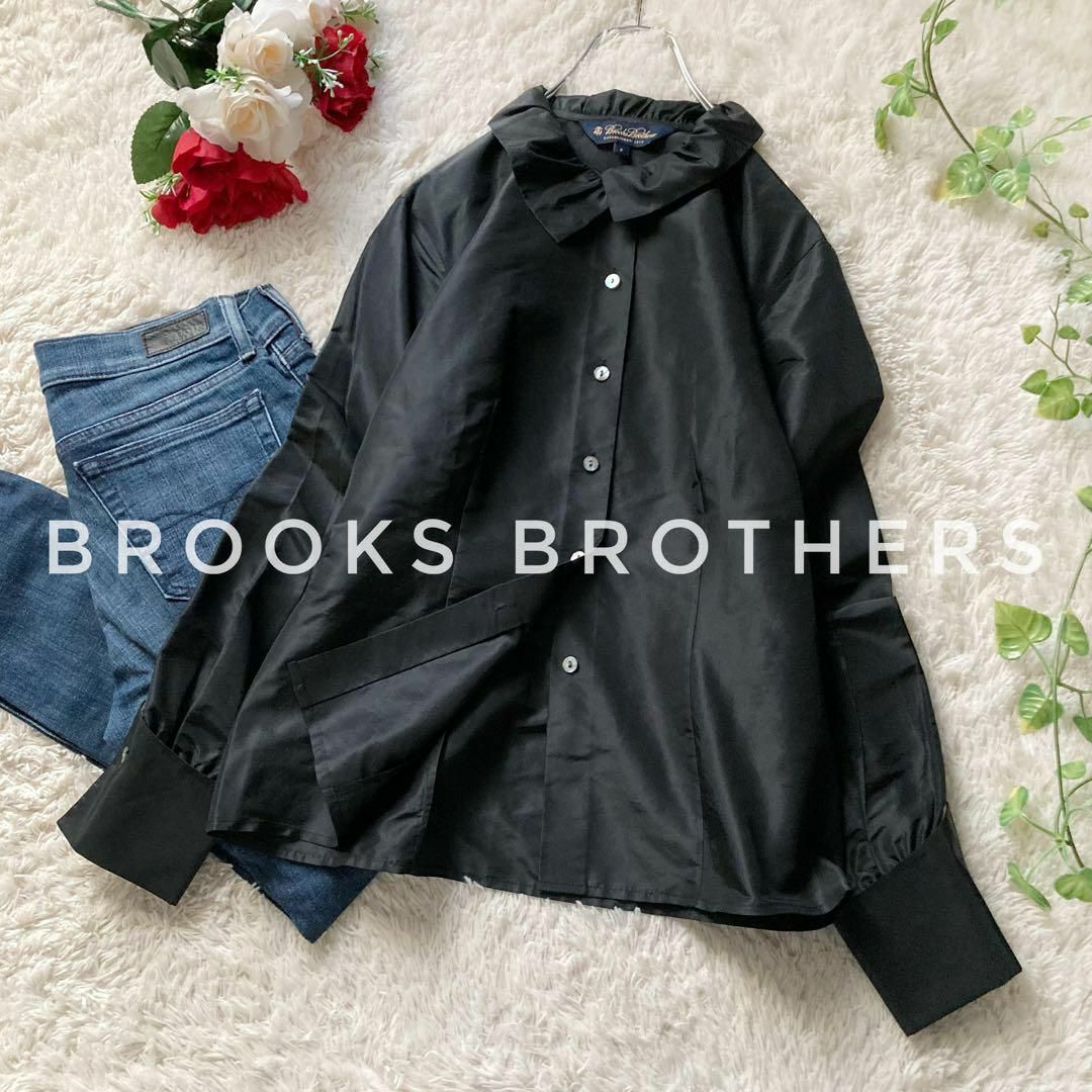 Brooks Brothers(ブルックスブラザース)のブルックスブラザーズ　ピュアシルク　フリルブラウス　ブラック　光沢あり　2サイズ レディースのトップス(シャツ/ブラウス(長袖/七分))の商品写真