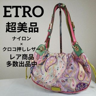 エトロ(ETRO)のH超美品　エトロ　ハンドバッグ　ナイロン　ペイズリー柄　クロコ押し　マルチカラー(その他)