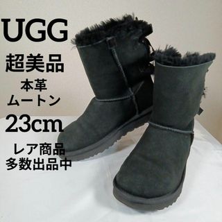 アグ(UGG)の超美品　アグ　ムートンブーツ　本革　スエード　リアルファー　23cm　ブラック(その他)