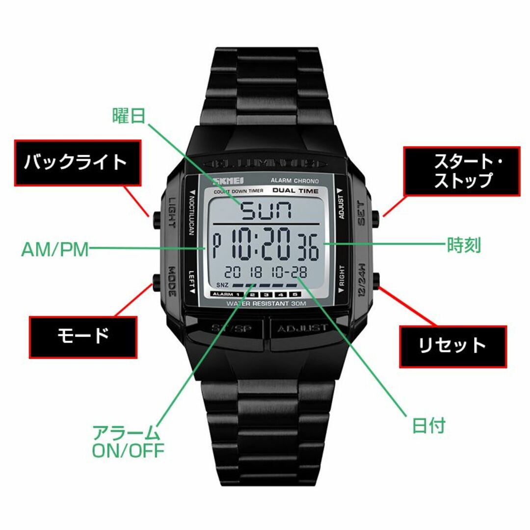 30m防水ダイバーズウォッチ デジタル腕時計 ブラック黒ステンレス3603 メンズの時計(腕時計(デジタル))の商品写真