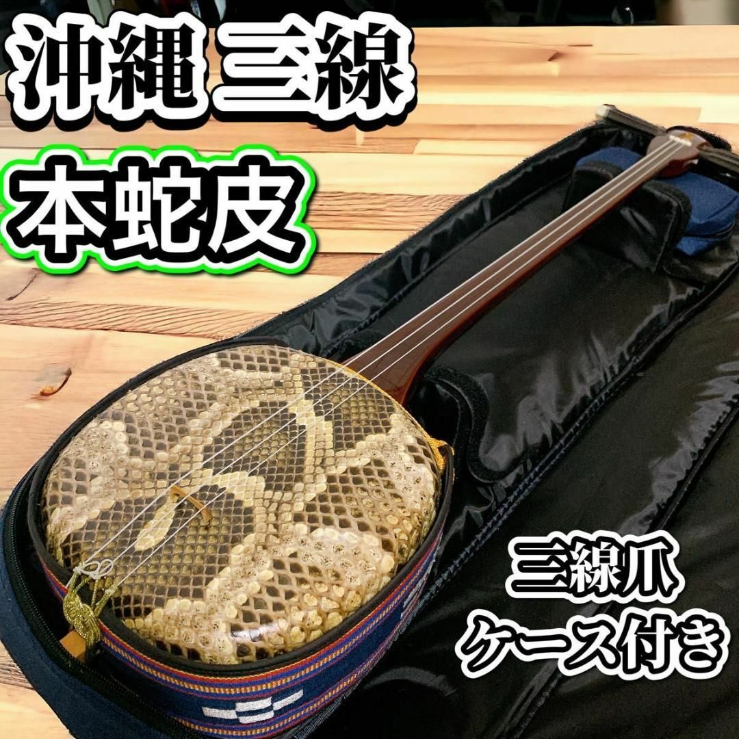 沖縄三線 蛇皮 伝統楽器 弦楽器 本皮 和楽器 セミハードケース付 琉球 本張り 楽器の弦楽器(その他)の商品写真