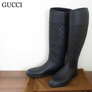 グッチ(Gucci)の美品 グッチ シグネチャー柄 ラバー レインブーツ ロングブーツ 黒 35(レインブーツ/長靴)