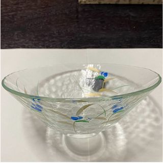 夏にイイ！　涼しい！　手作り　露草絵　ガラス　抹茶茶碗、小皿にも　15.3センチ(食器)