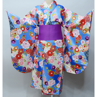 二尺袖着物 単品 仕立て上がり 青地 ショート丈 卒業式 NO34482-4(振袖)