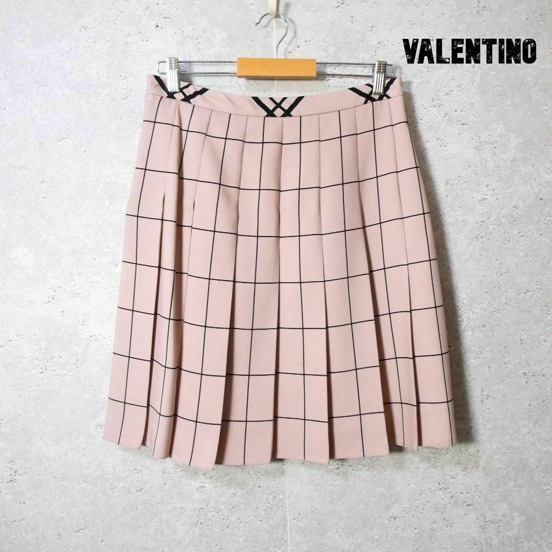 VALENTINO(ヴァレンティノ)の美品 VALENTINO 格子柄 シルク混 プリーツ 膝丈 フレアスカート レディースのスカート(ひざ丈スカート)の商品写真
