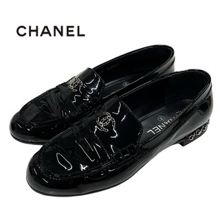 CHANEL - シャネル CHANEL ローファー 革靴 フラットシューズ 靴 シューズ ココマーク チェーン パテント ブラック 黒