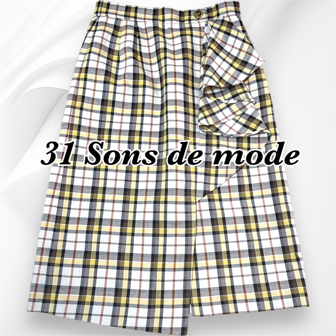 31 Sons de mode(トランテアンソンドゥモード)のトランテアンソンドゥモード チェック タイトスカート ひざ丈 フリル 切り替え レディースのスカート(ひざ丈スカート)の商品写真