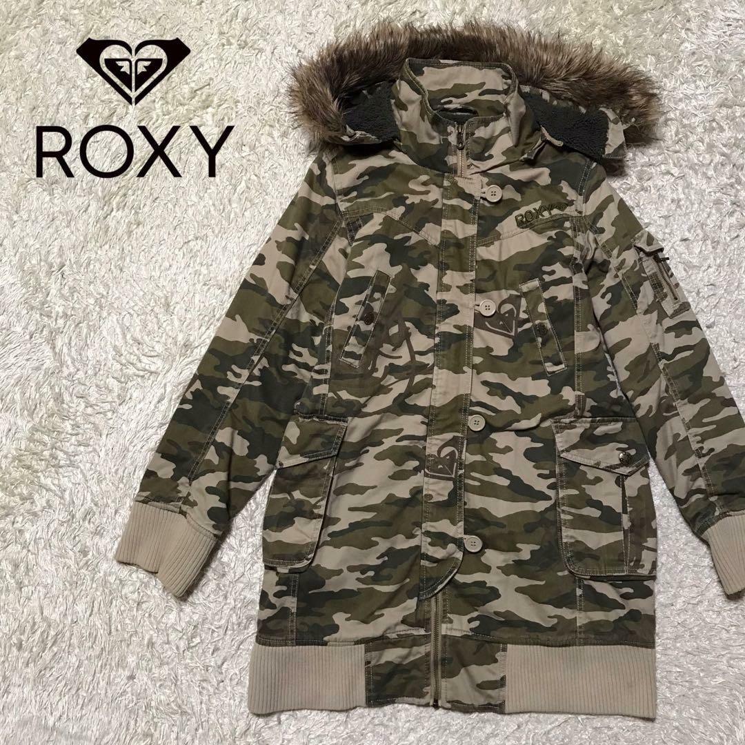 Roxy(ロキシー)の【裏ボア】ロキシー　刺繍ロゴ入りモッズコート　カモフラ　ロング丈　B158 レディースのジャケット/アウター(モッズコート)の商品写真