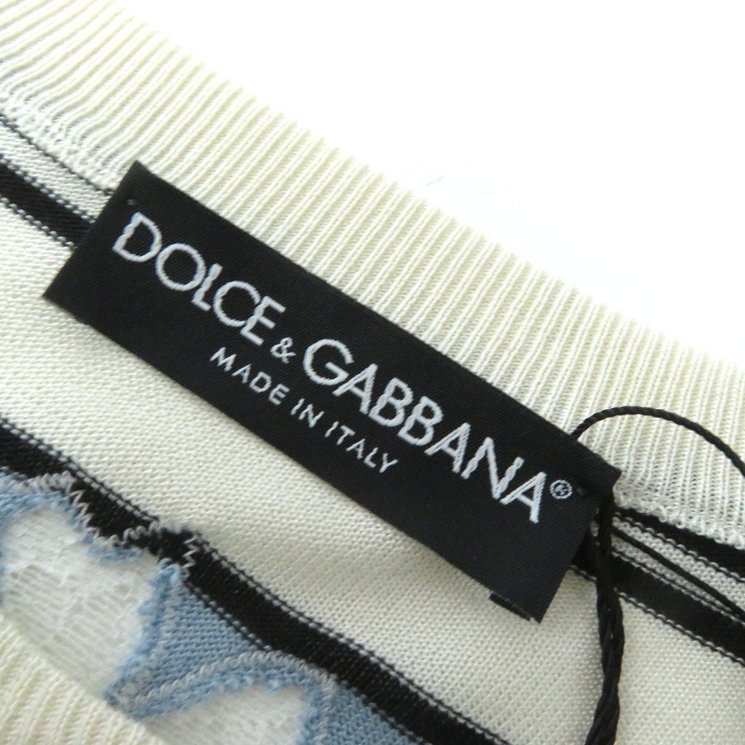 DOLCE&GABBANA(ドルチェアンドガッバーナ)の未使用品 DOLCE&GABBANA ドルチェ＆ガッバーナ シルク 黒タグ ボーダー柄 レース使い 長袖 カーディガン ブラック×ホワイト×ブルー系 36 イタリア製 正規品 レディース 定価20,790円 レディースのトップス(カーディガン)の商品写真