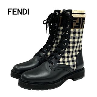 フェンディ(FENDI)のフェンディ FENDI ロココ ブーツ ショートブーツ 靴 シューズ ズッカ チェック レースアップ レザー ファブリック ブラック(ブーツ)