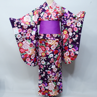 二尺袖着物 単品 仕立て上がり 合繊 百花繚乱 紫色 卒業式 NO29976-4(振袖)