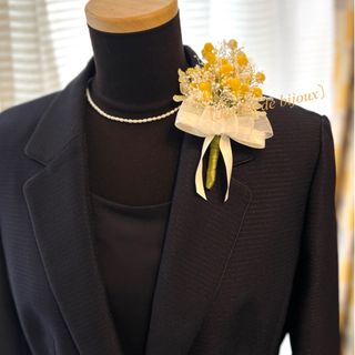 ブートニアコサージュ【ミモザ&カスミ】アーティシャル造花&プリザ ハンドメイド(コサージュ/ブローチ)