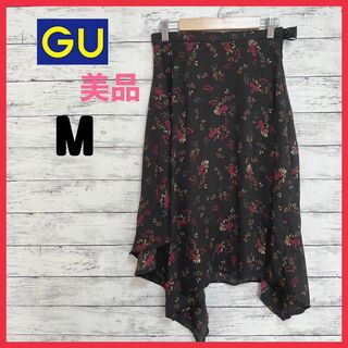 GU - a0016　GU   ジーユー  ロングスカート  花柄  フレアスカート 黒