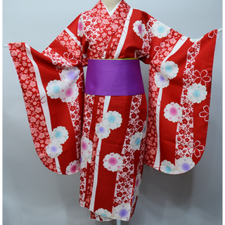 二尺袖着物 単品 仕立て上がり 百花斉放 赤色 ショート丈 NO31704-4(振袖)