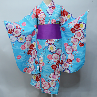 二尺袖着物 単品 仕立て上がり 百花斉放 水色 ショート丈 NO29569-4(振袖)