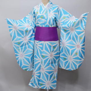 二尺袖着物 単品 仕立て上がり 麻の葉 水色 ショート丈 NO29710-4(振袖)