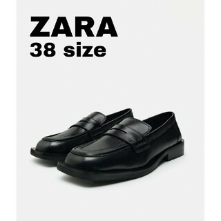 ザラ(ZARA)のZARA　スクエアトゥリアルレザーローファー　38サイズ　ブラック(ローファー/革靴)