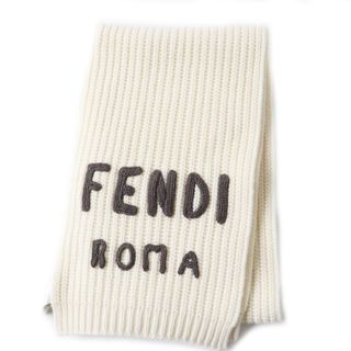 フェンディ(FENDI)の極美品 FENDI フェンディ ロゴ入り FXT352 ウール ニットマフラー ホワイト 25×190cm 保存袋付き イタリア製 正規品 レディース(マフラー/ショール)