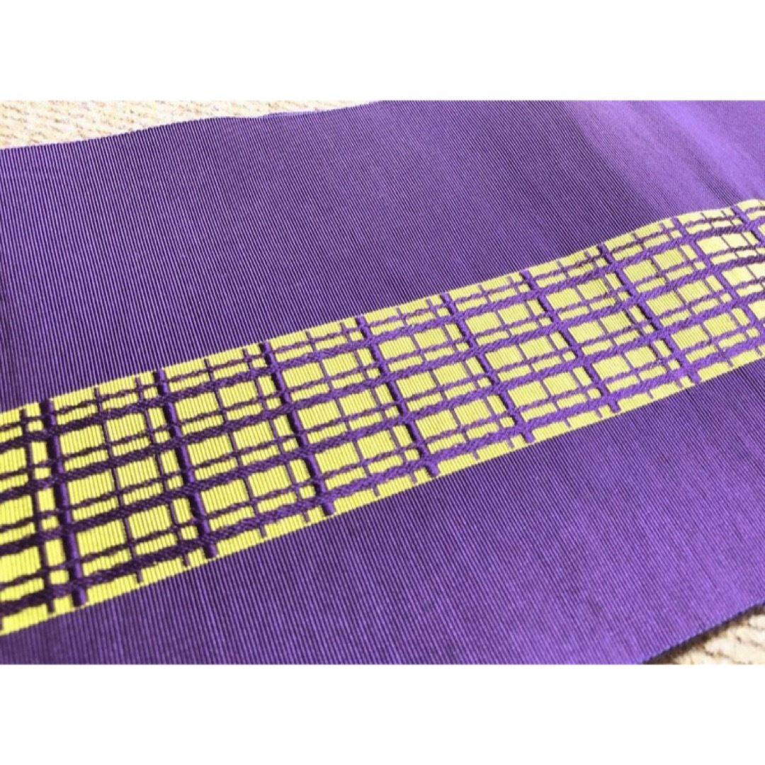 半幅帯　浴衣帯　紫　黄色　格子柄 レディースの水着/浴衣(浴衣帯)の商品写真