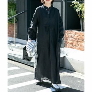 アーバンリサーチドアーズ(URBAN RESEARCH DOORS)の【BLACK】FORK&SPOON フレンチリネンヨーク切替ギャザーワンピース(ロングワンピース/マキシワンピース)