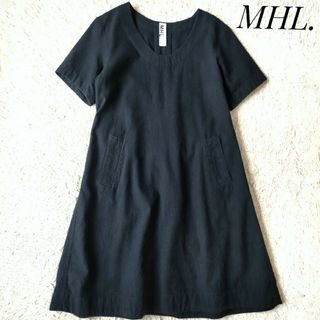 エムエイチエル(MHL.)の【MHL.】コットンリネン半袖ワンピース サイズ1 ひざ丈 ベルト付き 濃紺(ひざ丈ワンピース)